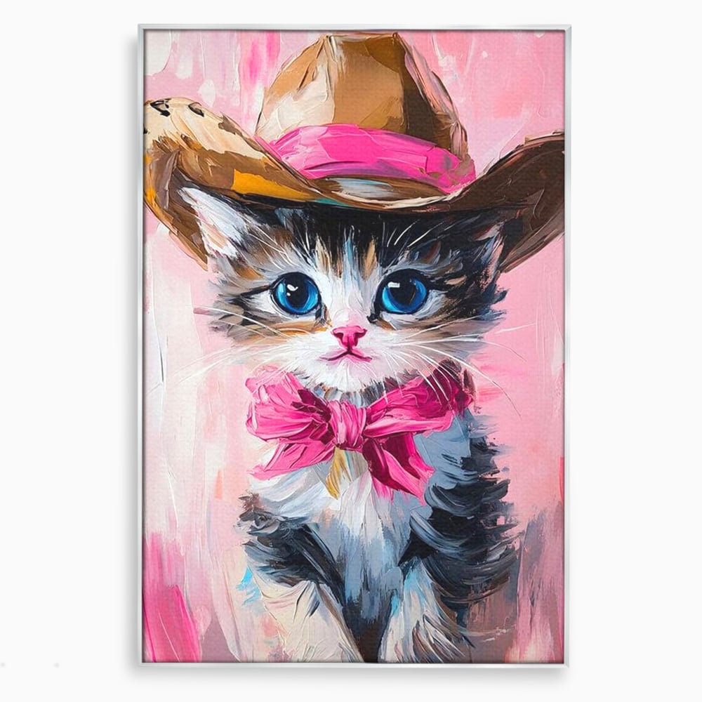 Tablou canvas cu tablou canvas cu pisicuta cowboy, in rama de aluminiu argintiu